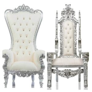 King And Queen Throne Chairs; White With Silver Trim