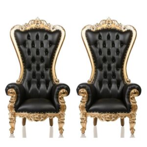2 Queen Throne Chairs; Black With Gold Trim