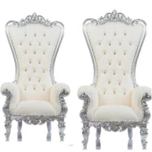 2 Queen Throne Chairs; White With Silver Trim